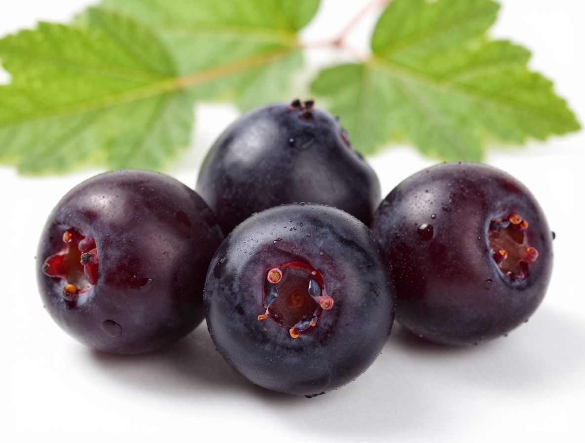 Assortiment de baies fraîches riches en antioxydants, myrtilles, framboises et mûres, versées dans une coupe en verre avec des feuilles vertes sur fond blanc épuré