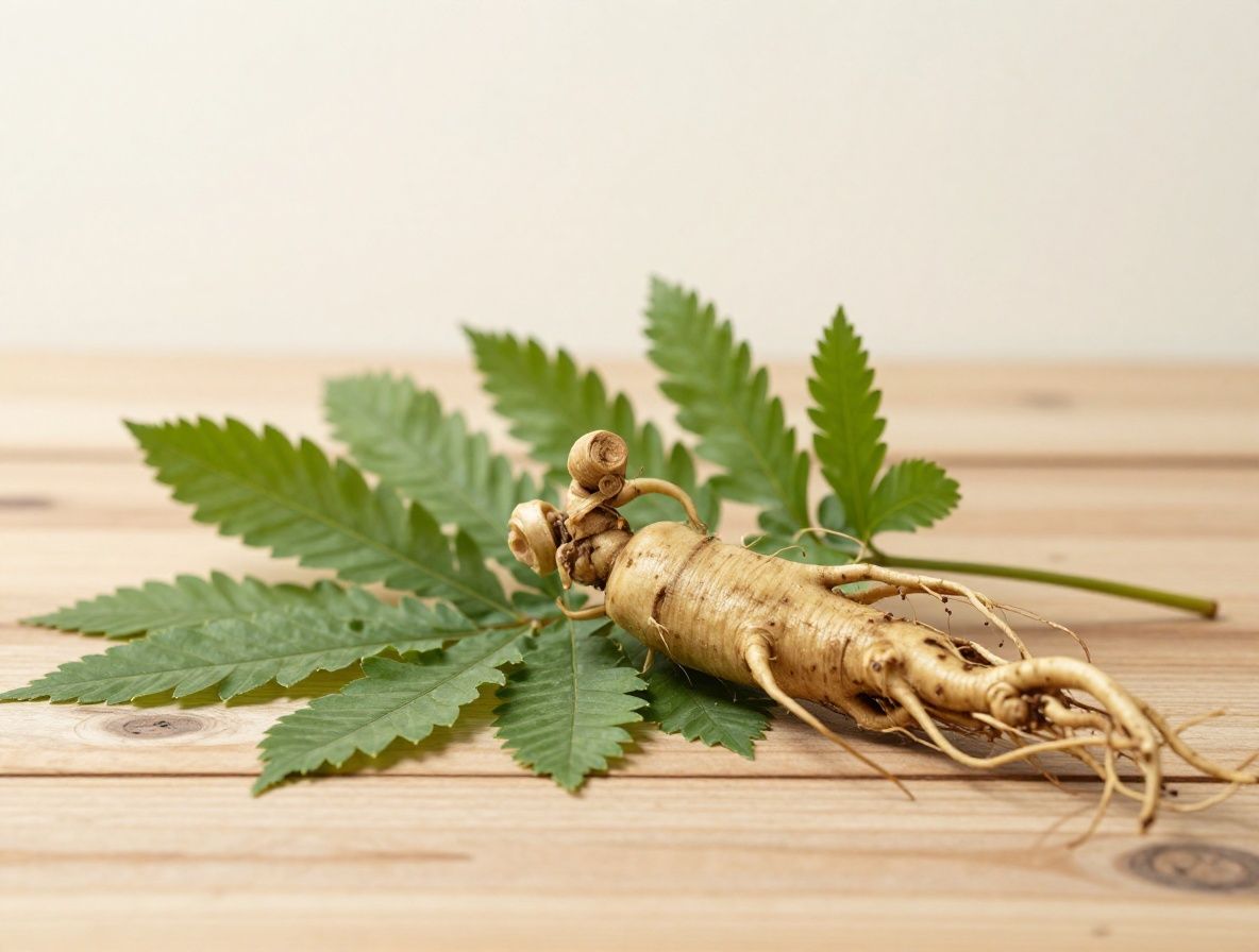 Racines de ginseng et plantes adaptogènes fraîches disposées sur une surface en bois naturel avec des feuilles vertes et une lumière naturelle douce