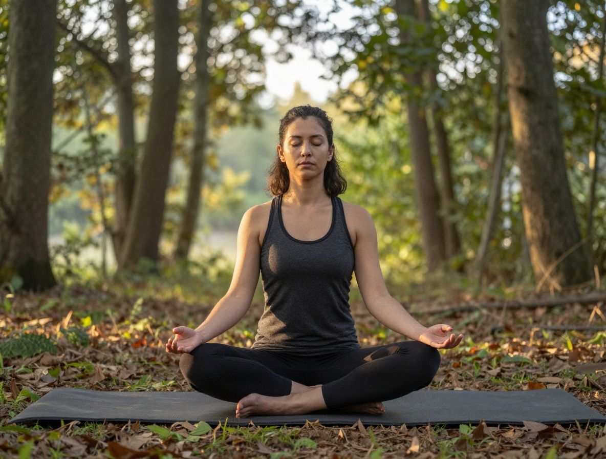 Personne pratiquant une méditation tranquille en plein air au lever du soleil, assise en position de lotus dans une forêt baignée de lumière dorée matinale