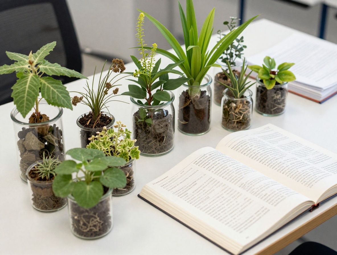 Table de laboratoire naturaliste avec des herbes séchées, des plantes médicinales, des flacons en verre et des cahiers de notes scientifiques ouverts, photographiée à la lumière naturelle d'une fenêtre